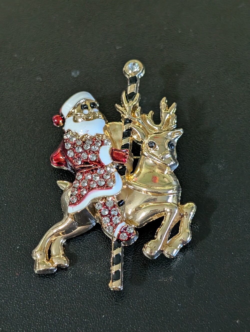 Gold-tone Santa & Reindeer Holiday Lapel Pin - Red and Gold